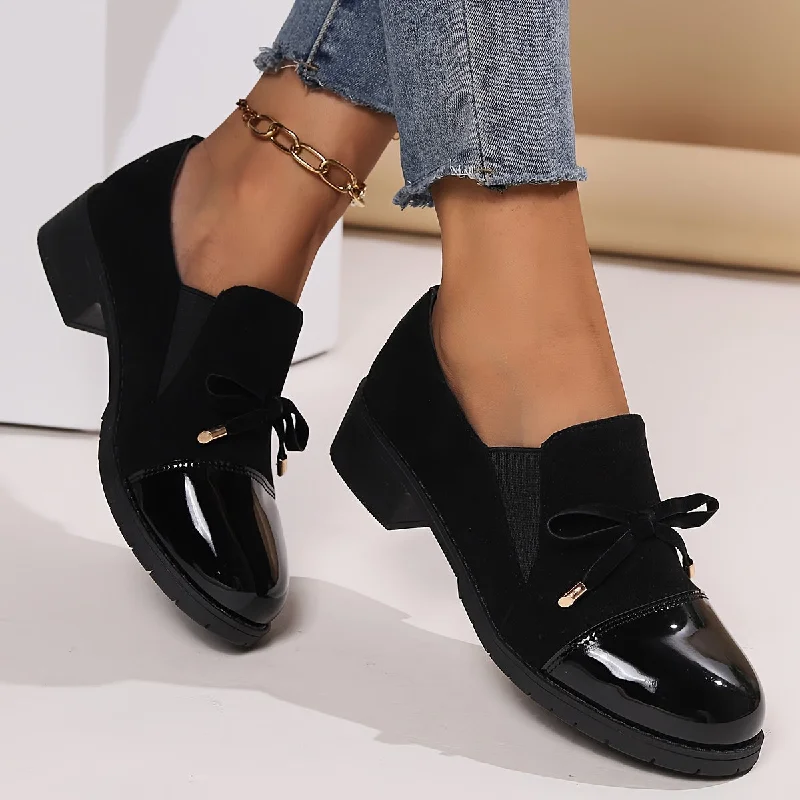 Women's Bowknot Decor Chunky Heel Loafers, Fashion Preppy Style Dress Shoes, Comfortable Slip On Shoes Tunics Plaid country