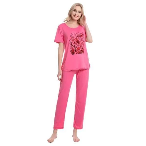 2pc Printed T-shirts With Printed Trouser Night Suit for Woman Trousers High Rise Slim Fit