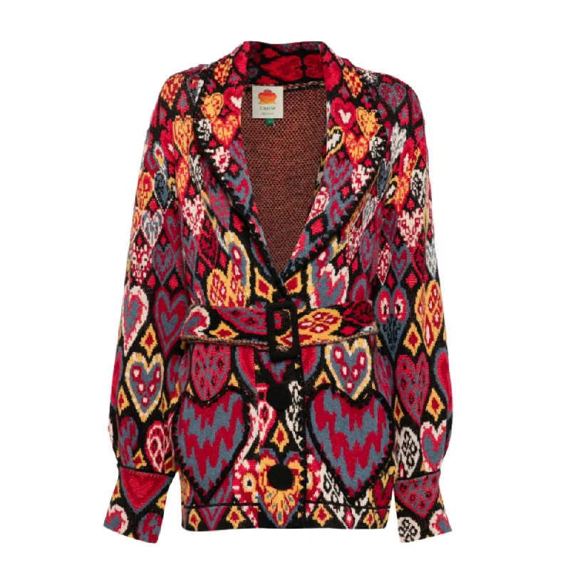 Farm Rio Women's Knit Blazer, Hearts Ikat Black Women's Short Blazer