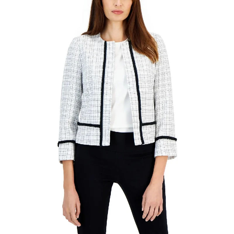 Petites Womens Plaid Collarless Open-Front Blazer Women's Lightweight Blazer