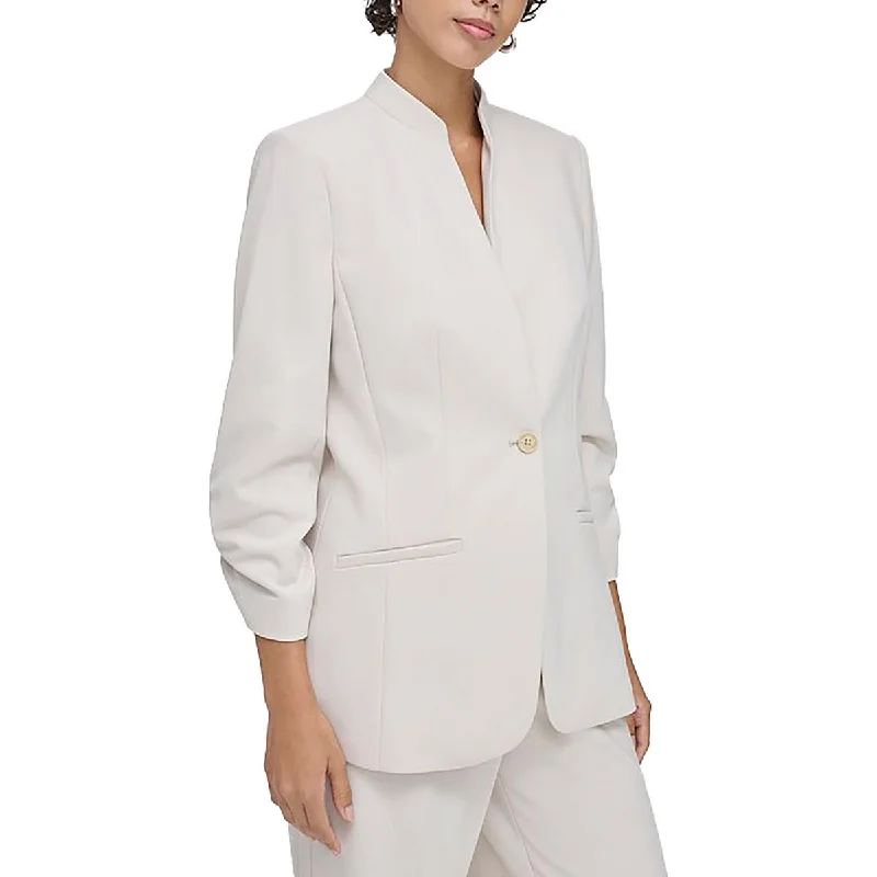 Petites Womens Ruched Business One-Button Blazer Women's Trench Blazer