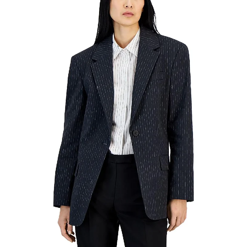 Womens Cotton Blend Striped One-Button Blazer Women's Navy Jacket