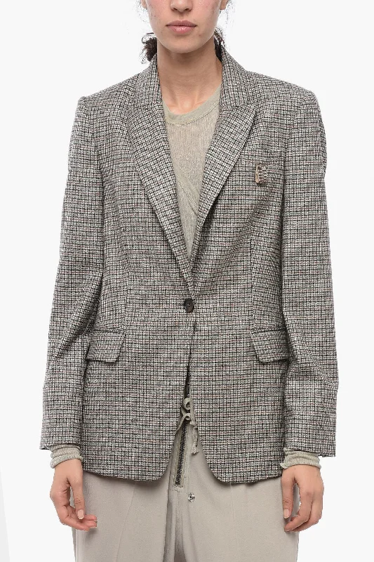 Brunello Cucinelli Houndstooth Virgin Wool Blend Blazer with Peak Lapel 40 Italian size Women's Elegant Suit