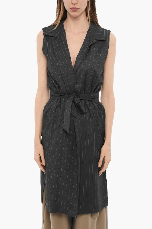 Oblò Unique Pinstriped Maxi Blazer with Belt M Standard size Women's Trendy Jacket