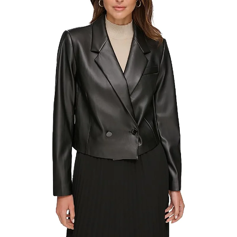 Womens Faux Leather Crop One-Button Blazer High-End Women's Suit