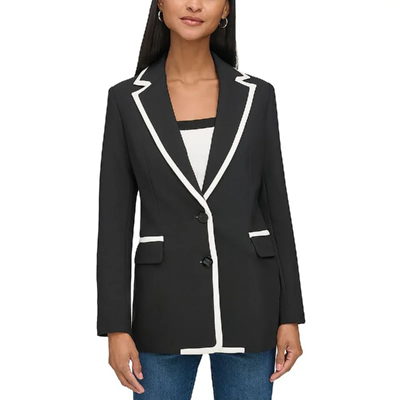 Womens Woven Contrast Trim Two-Button Blazer Women's Navy Jacket