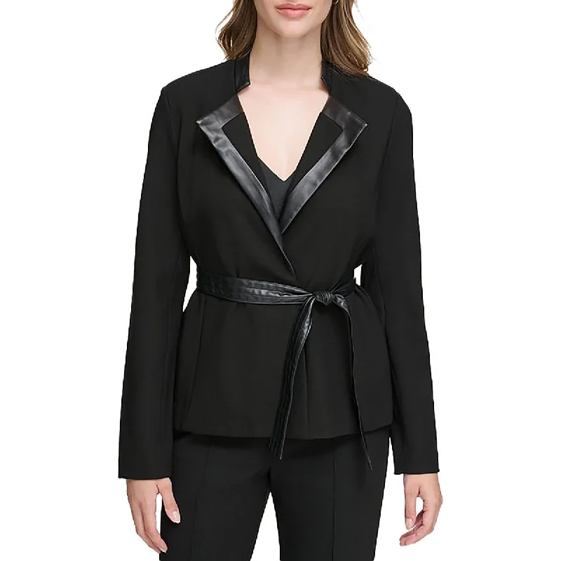 Womens Knit Faux Leather Trim Open-Front Blazer Women's Advanced Suit