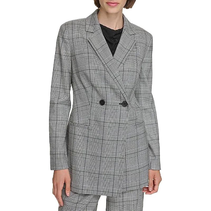 Womens Woven Plaid One-Button Blazer Cotton Blend Blazer