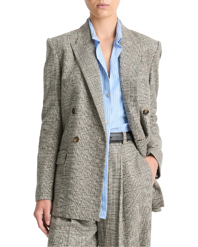 Vince Plaid Double Breasted Wool-Blend Blazer Women's High-End Blazer