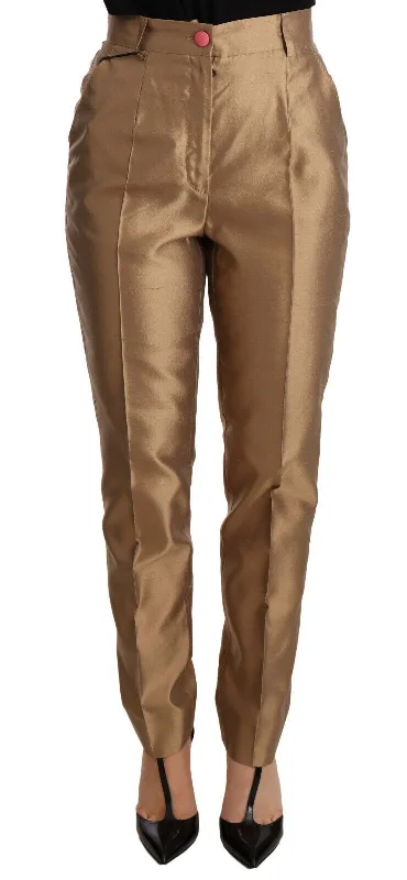 Dolce & Gabbana Elegant Tapered Silk Trousers in Women's Gold Trousers Office Stylish