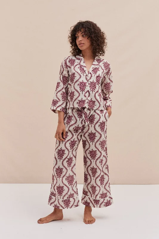 Boxy Shirt and Wide Leg Trouser Set Alpen Flora Print Cream and Pink Trousers Leather Faux