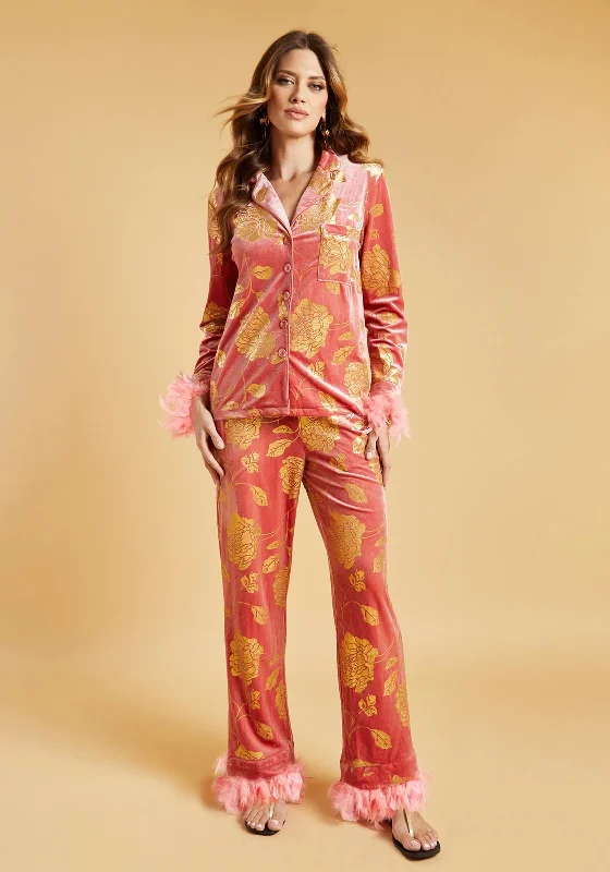 The Night Store Floral Feather Trim Pyjama Trouser Set, Dusty Rose Trousers Solid Black