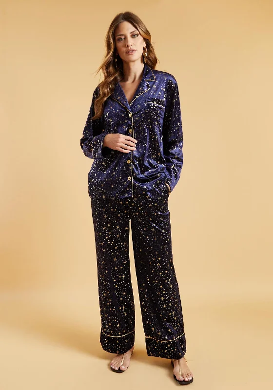 The Night Store Luna Velvet Pyjama Trouser Set, Navy Trousers Canvas Durable