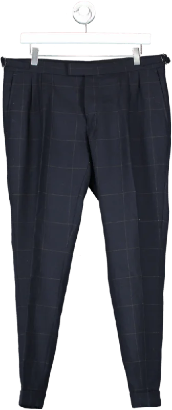 Moss Bros Blue Slim Fit Navy Black Check Trousers W34 Trousers Fleece Cozy