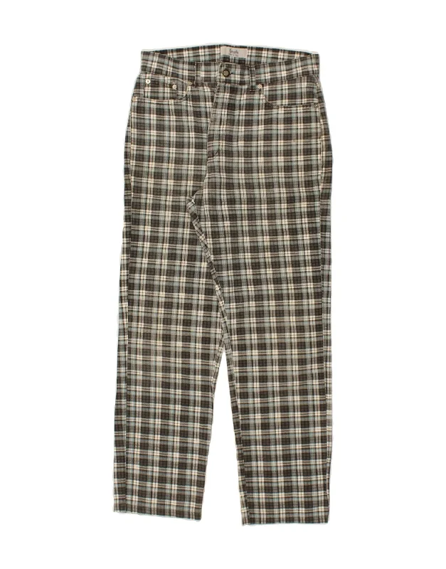 VINTAGE Womens Straight Casual Trousers W32 L29 Grey Check Cotton Trousers Leather Faux