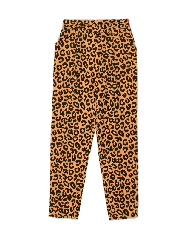 VINTAGE Womens Tapered Casual Trousers W30 L30 Brown Animal Print Cotton Trousers Satin Smooth