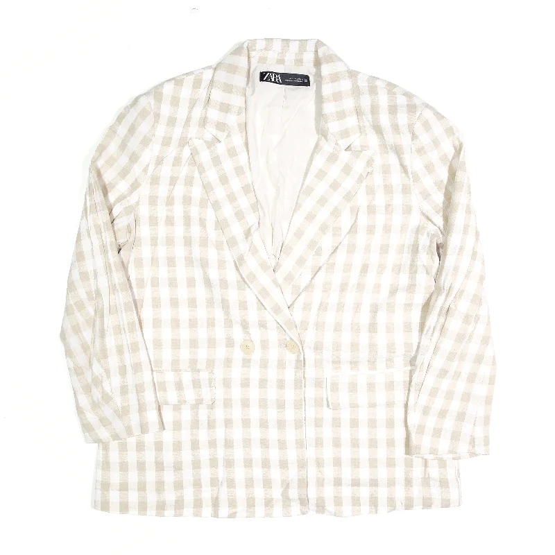 ZARA Beige Gingham Blazer Jacket Womens L Women's Trench Blazer